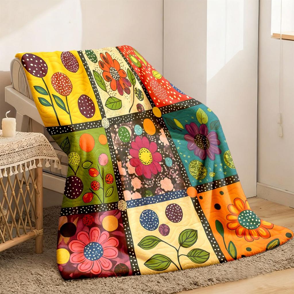 UltraSoft Quilted Flannel Blanket Twin Size Mosaic Harmony Print Vibrant Colorful Patchwork AllSeason Comfort for Sofa Camping & O
