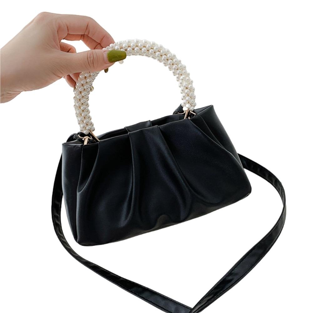 Dumpling Bag Korean PU Cloud Bag Solid Color Imitation Pearl Women Shoulder Bag Wrinkled PU Leather PU Leather Pearl Handbag