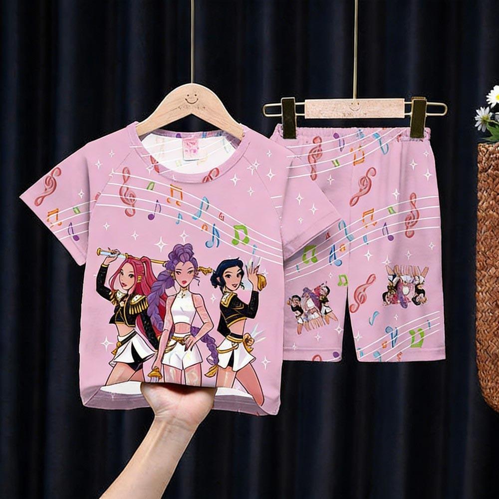 Kids Girls Boys 2PCS Pajamas Set K-pop Style Anime Short Sleeve T-shirt + Shorts Summer Comfortable Children Homewear Nightwear