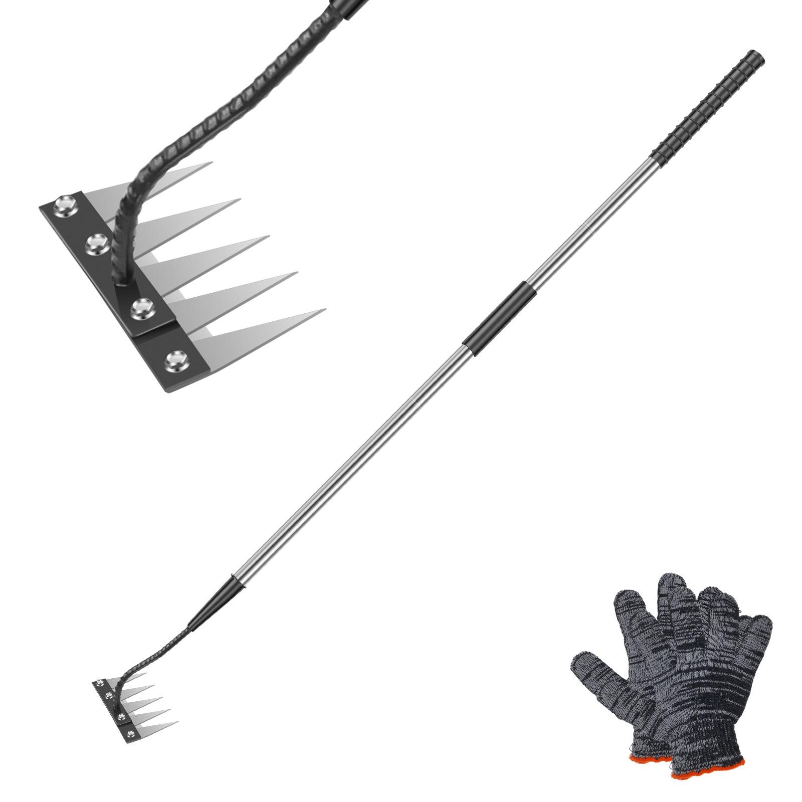 

5 Teeth Stainless Steel Weeding Rake with Long handle Adjustable Garden Loosening Soil Hand Weeder Remover Tool with Gloves