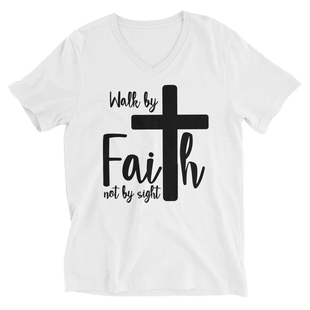 Bible Verse Unisex V-Neck T-Shirt | Corinthians We Walk by Faith not by Sight 2XL