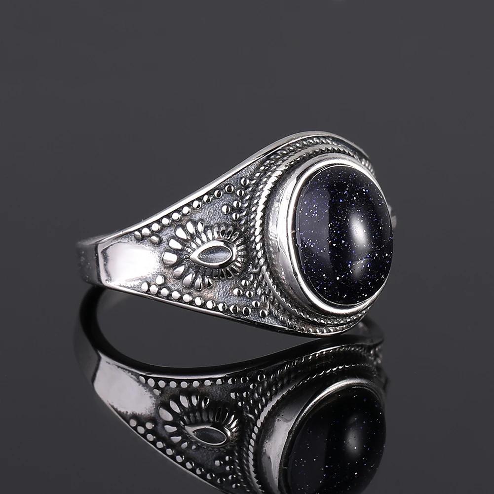 Natural Blue Sandstone 8x10MM Silver Ring Jewelry Retro Oval Ring For Women Gift Wholesale Party Wedding Gift