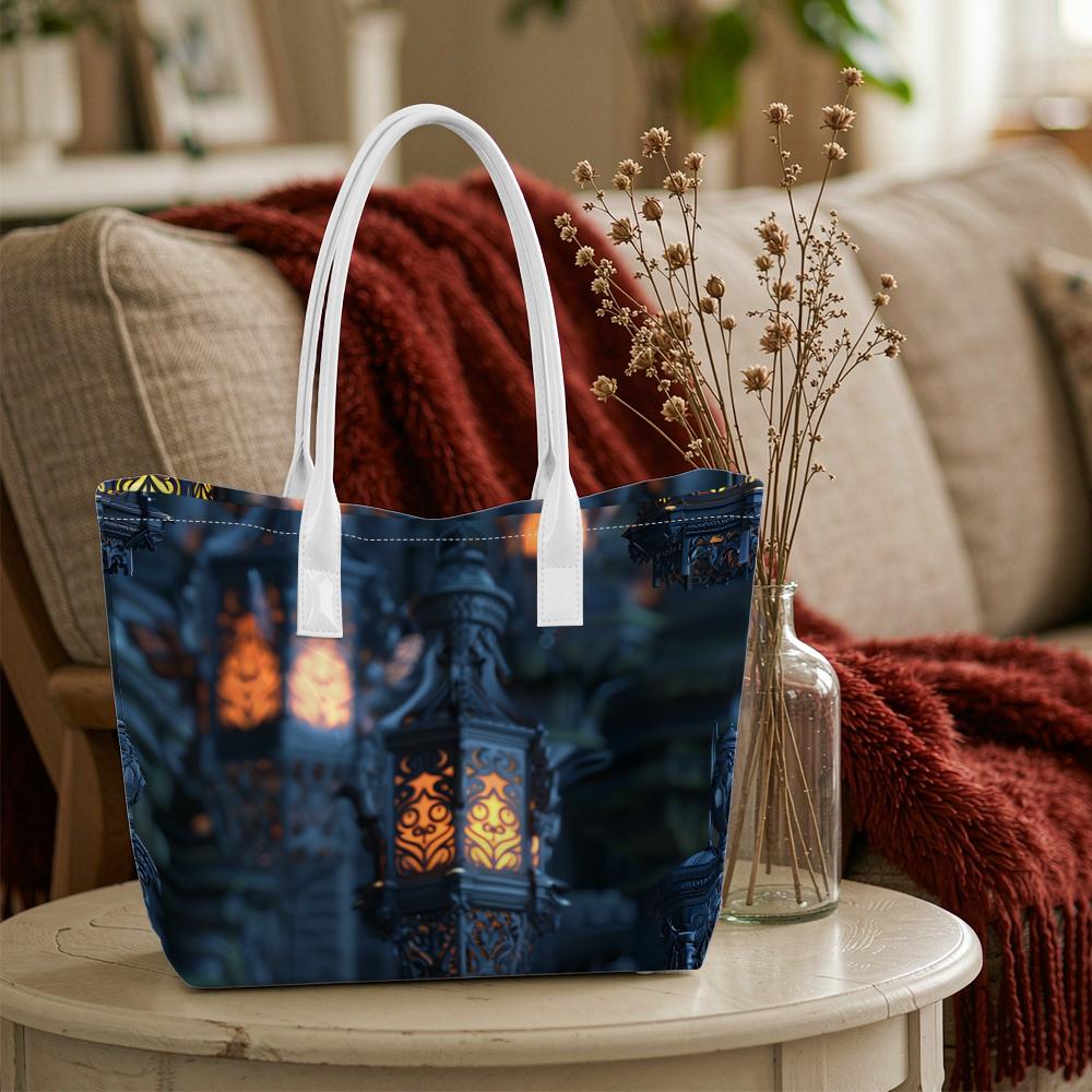 Vintage Lantern Pattern Tote Bag Large Capacity Daily Carry Shoulder Bag for Shopping Commute