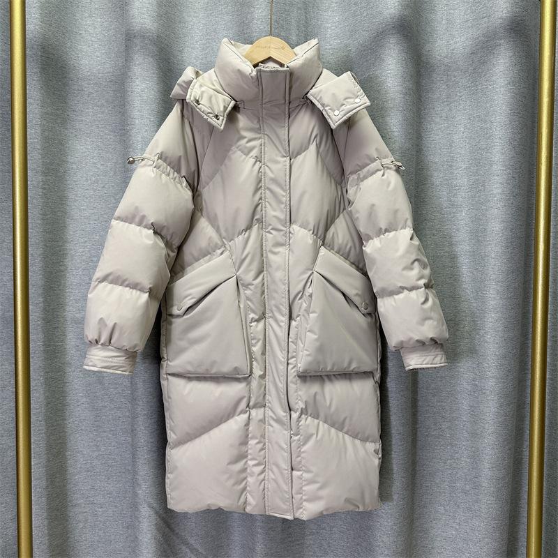 Damen Winter Herbst Kapuzenjacke Weiße Entendaunenjacke Mantel Locker Lang Einfarbig Große Tasche Abnehmbarer Hut Daunenmantel