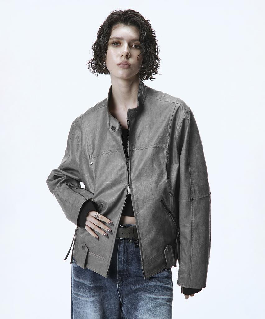 Treemingbird Over-Fit Leather Biker Jacket [ Gray ]