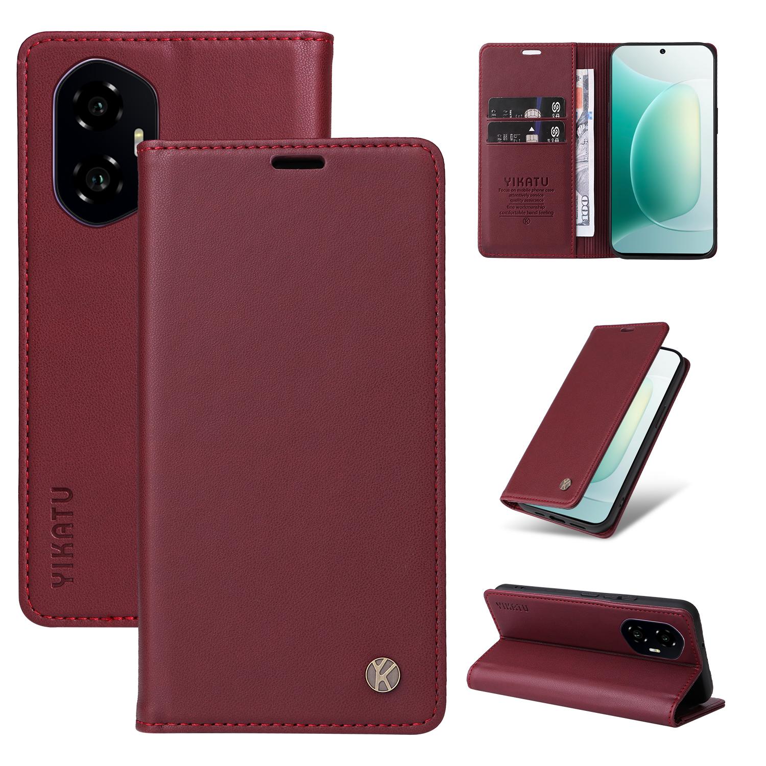 

For Honor 300 Phone Cases YIKATU Magnetic Closure PU Leather Mobile Cover Wine Red