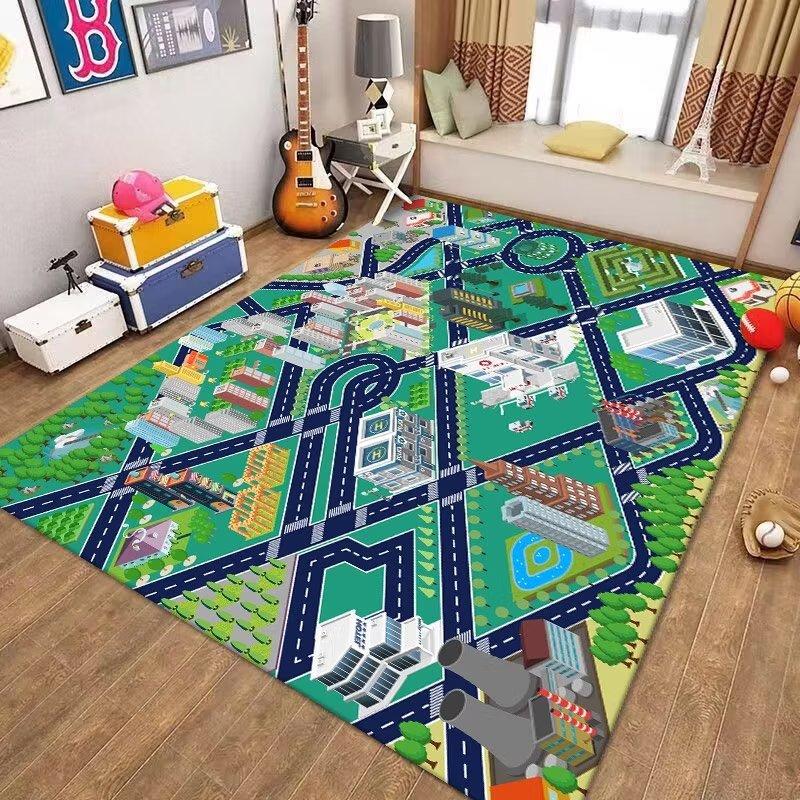 Waschbarer Frühbildungs-Teppich für Kinderzimmer Weiche Stoff-Spielmatte mit Verkehrswegen Puzzle-Design
