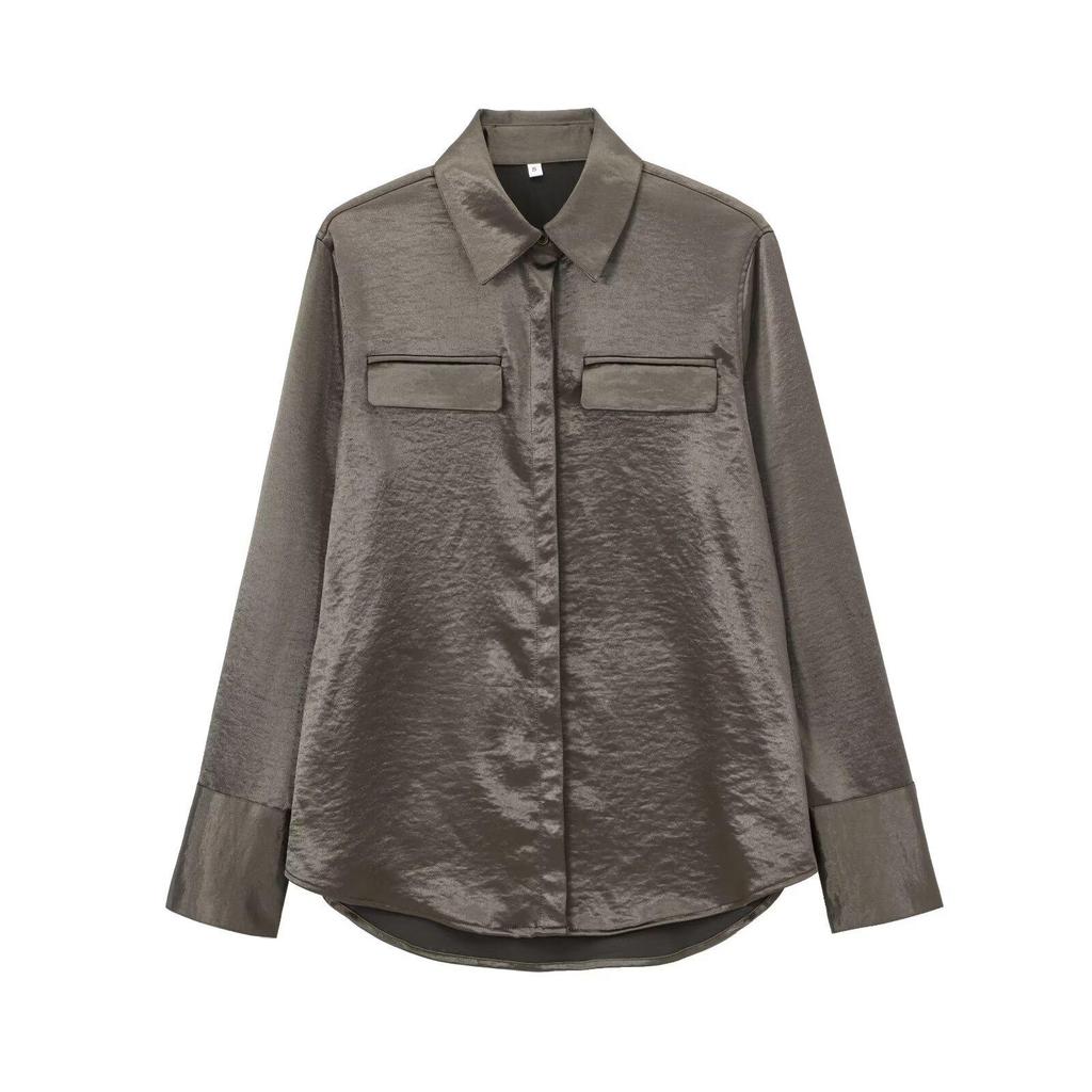 Satin Texture Long Sleeve Shirt with Pocket Decoration - 2024 European & American Fashion for Women