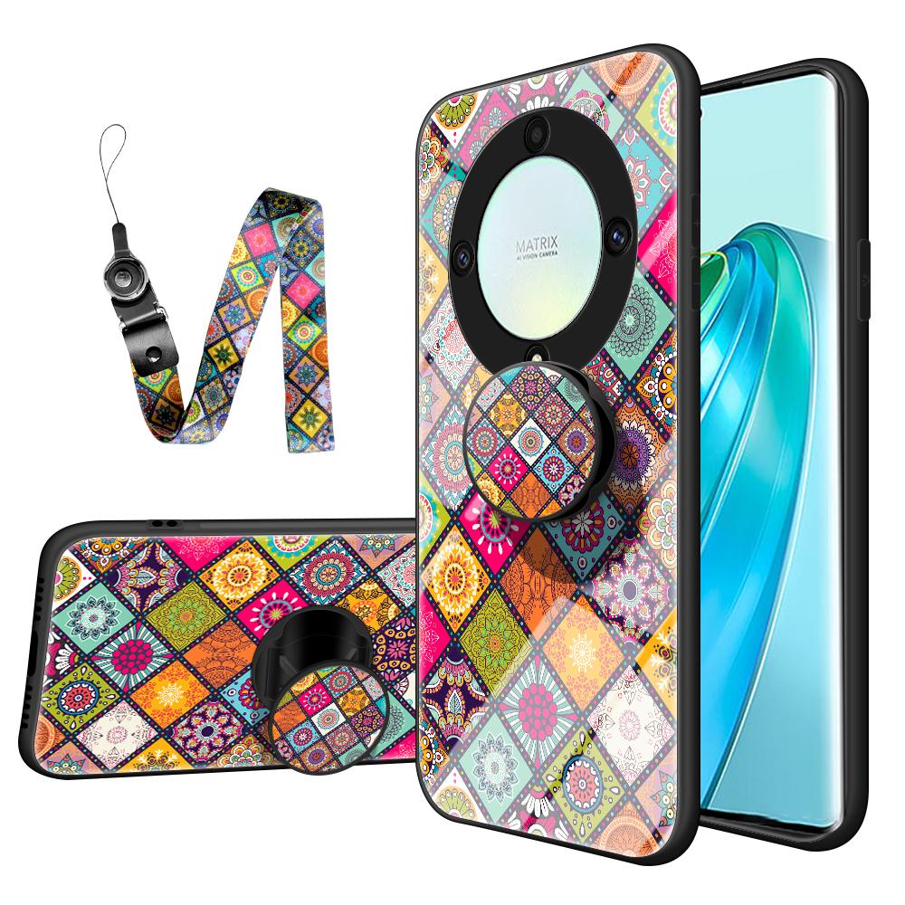 

For Honor X9a 5G Flower Pattern Kickstand Phone Case PC+TPU+Tempered Glass Anti-drop Cover with Lanyard Color Pattern