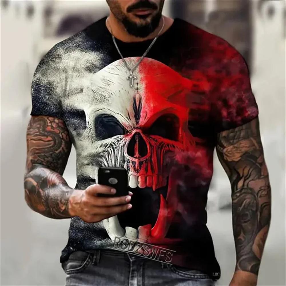 Summer Round Neck 3D Interesting and Terrifying Skull Pattern Print Top Fashionable Casual Short Sleeved Men's T-shirts