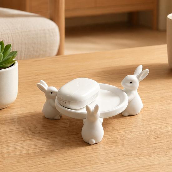 jijijing 3D Printed Cute Rabbit Tray Figurine, Multi-Functional Desktop Storage Holder for Headphones Jewelry Small Trinkets, Stable White Ring-Shaped
