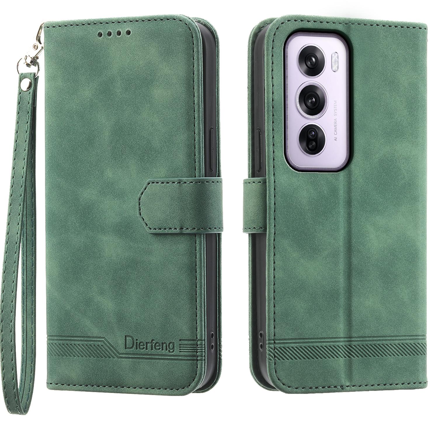 

DIERFENG DF-03 For Oppo Reno12 Pro 5G (Global) Wallet Case Lines Imprint Leather Stand Phone Cover Green