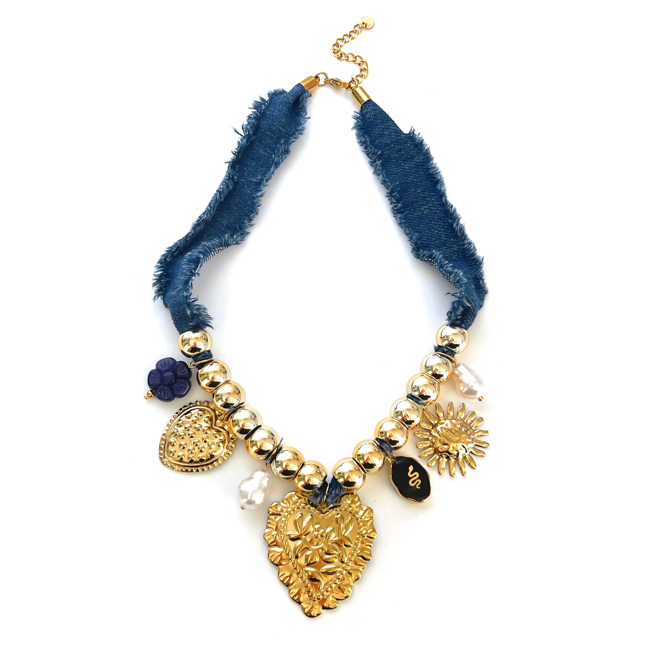 

Peri sbox New Unique Blue Denim Rope Chain Acrylic Flower Golden Heart Sun Pendant Necklace Punk Stainless Steel Women s Jewelry