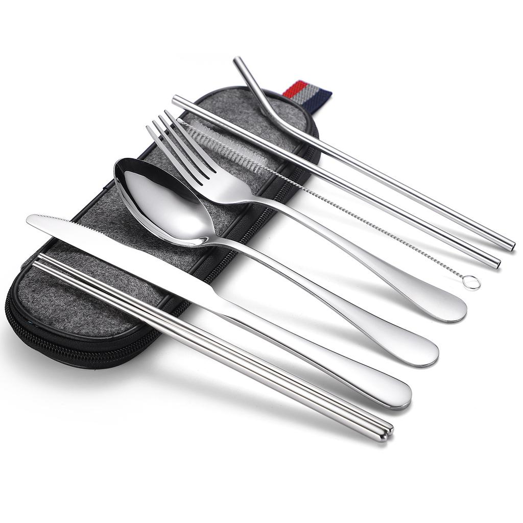 Stainless Steel Tableware Set, Portable 7-piece Set, Knife, Fork, Spoon, Chopsticks, Straw, Camping Supplies Storage, Cross-border Durability 2026