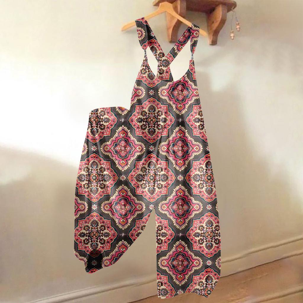 Damen Sommer Overalls Blumendruck Vintage Jumpsuit (Nicht verstellbare Träger)