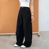 Women Curved Leg Pants High Waist Loose Wide Leg Cargo Pants Rivet Solid Color