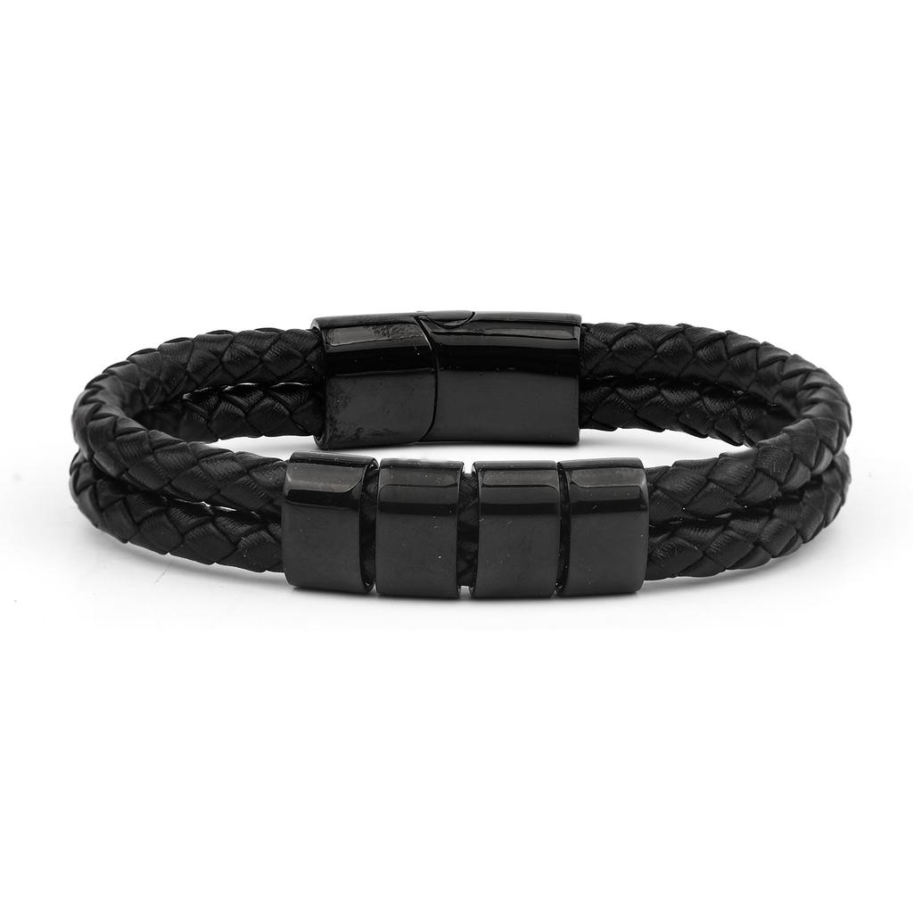 Men's Leather Bracelet Magnetic Tail Buckle Stainless Steel Positioning Ring Engraved Father's Day Gift Double Leather Bracelet