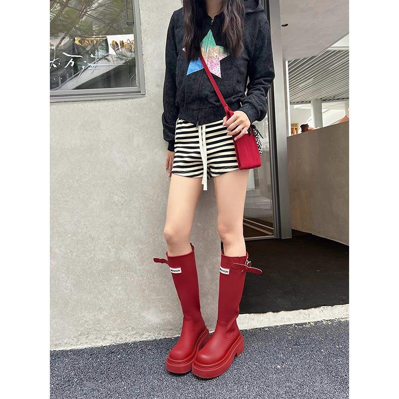 Red Thick-soled Knight Boots Women's New Sleeve Thick Heel Long Tube Waterproof and Non-slip Rain Boots