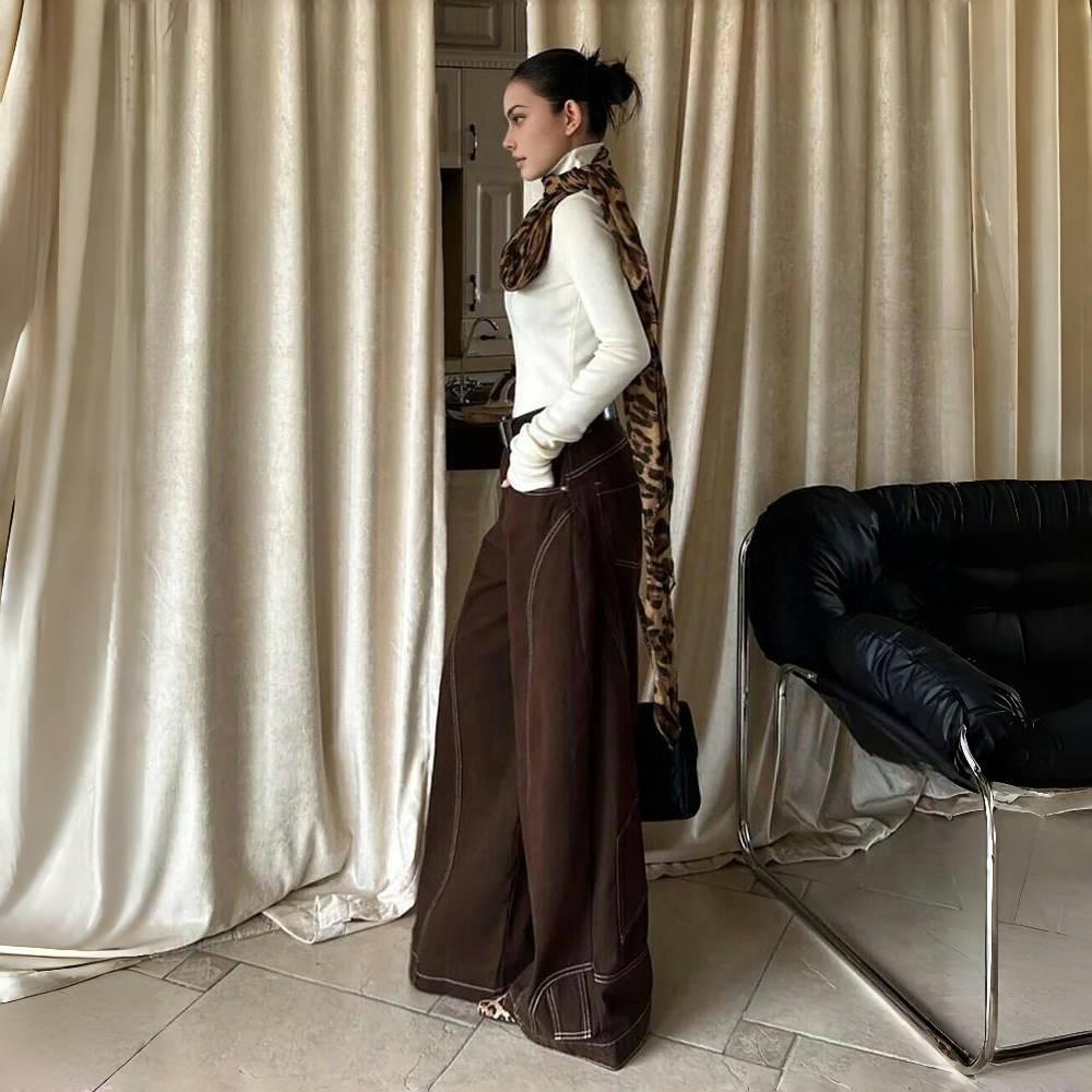 ZYLLO Übergröße Braune Baggy Jeans Damen Retro Aufgenähte Naht High Waist Weitbein Hose Hip Hop Koreanische Streetwear