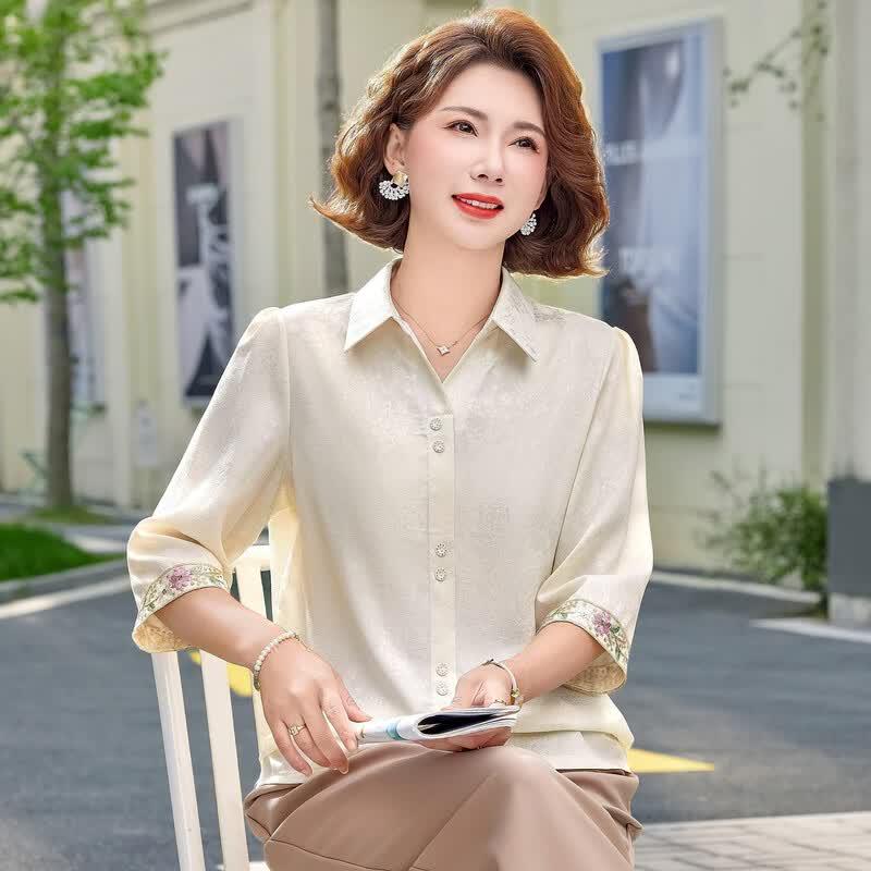 Datang Furen Mid-Aged Women s Jacquard Embroidery Lapel Shirt 2XL