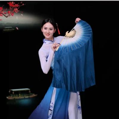 Portable Chinese Classical Dance Fan Traditional Gradient Ink Blue Hand Fan Double-Sided Hand Dye Folding Fan Performance