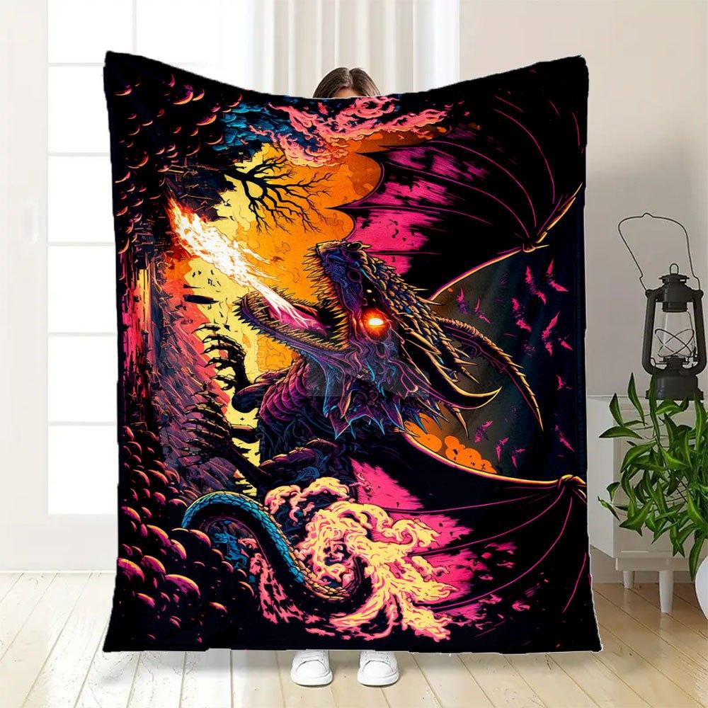 "Flaming Dragon Fantasy Art Print - Epic Creature Wall Decor"Blanket Flannel Throw Blanket for Sofa, Bed, Travel, Camping, Office, Couch, Ch