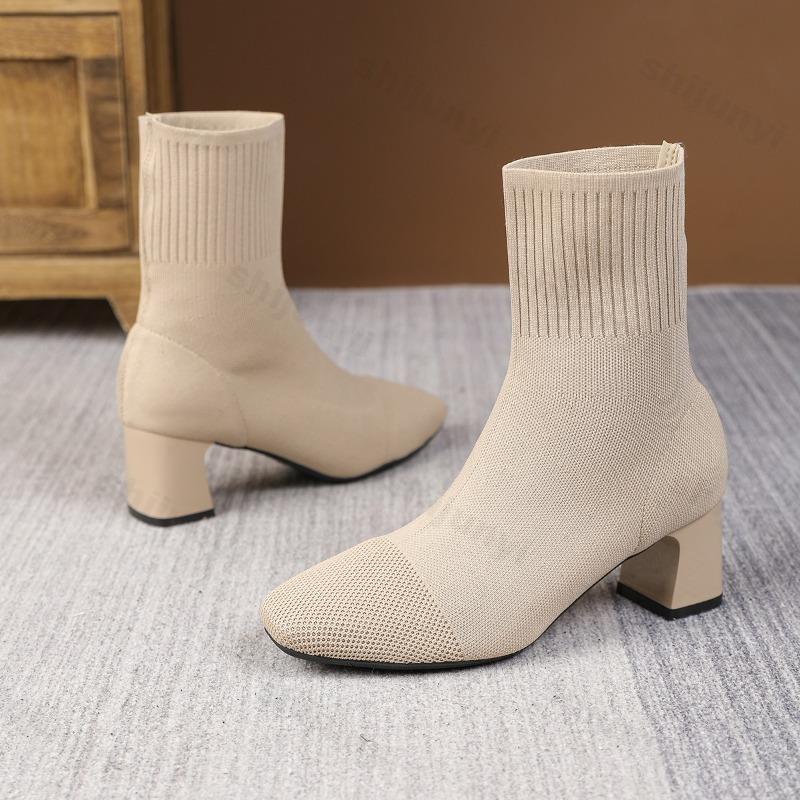 Women's Stretch Boots 2026 New Autumn Knitted High Heel Socks Boots Women Large Size Square Toe Fashion Boots Women Botas Mujer