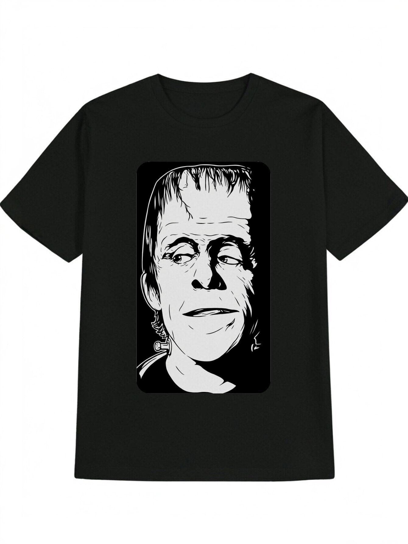 Casual Round Neck T-shirt with Bold Frankenstein Stitched Print - Black & White Graphic Tee L