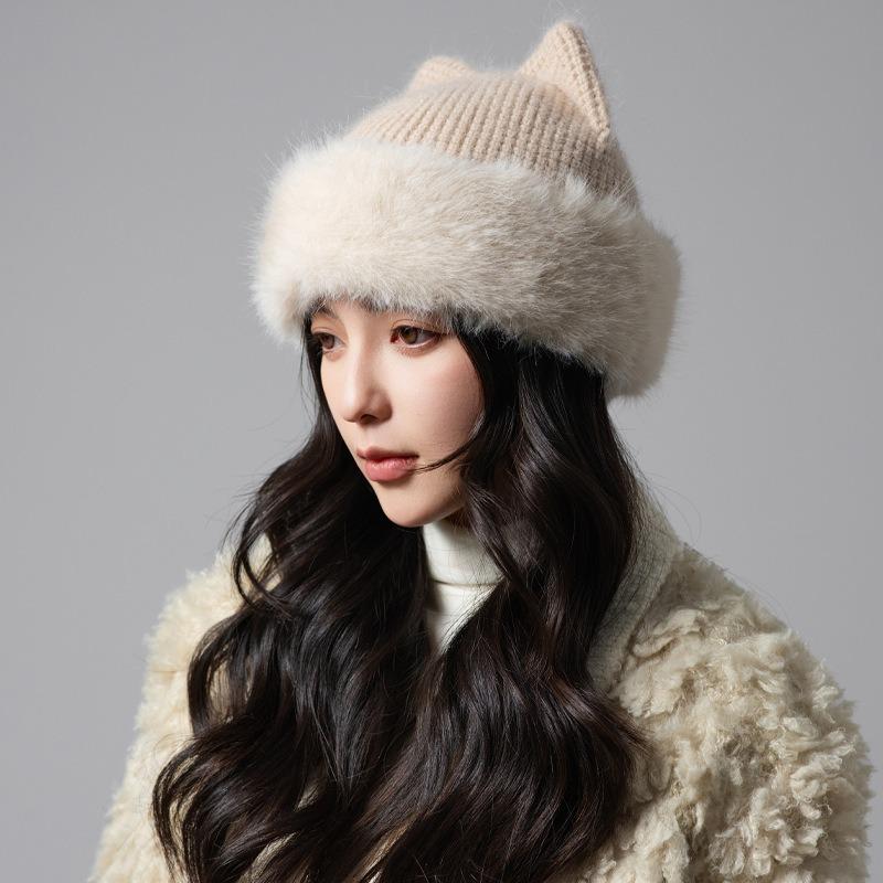 Korean Style Cute Cat Ears Plush Knit Hat Autumn Winter Warm Casual Beanie