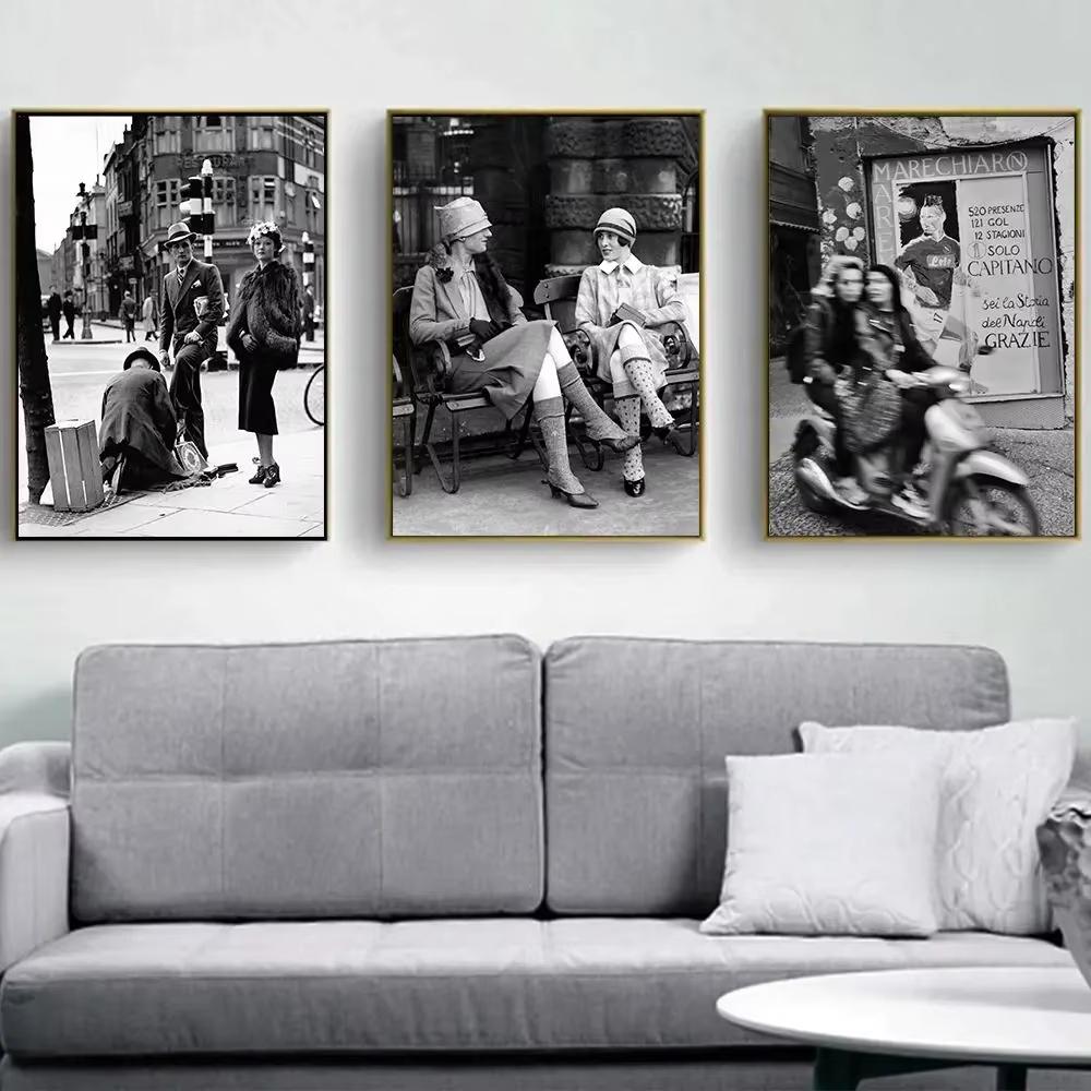 Fashion Black And White Vintage Photography Print Italy Paris Street Poster Wall Art Canvas Pictures Living Room Decor