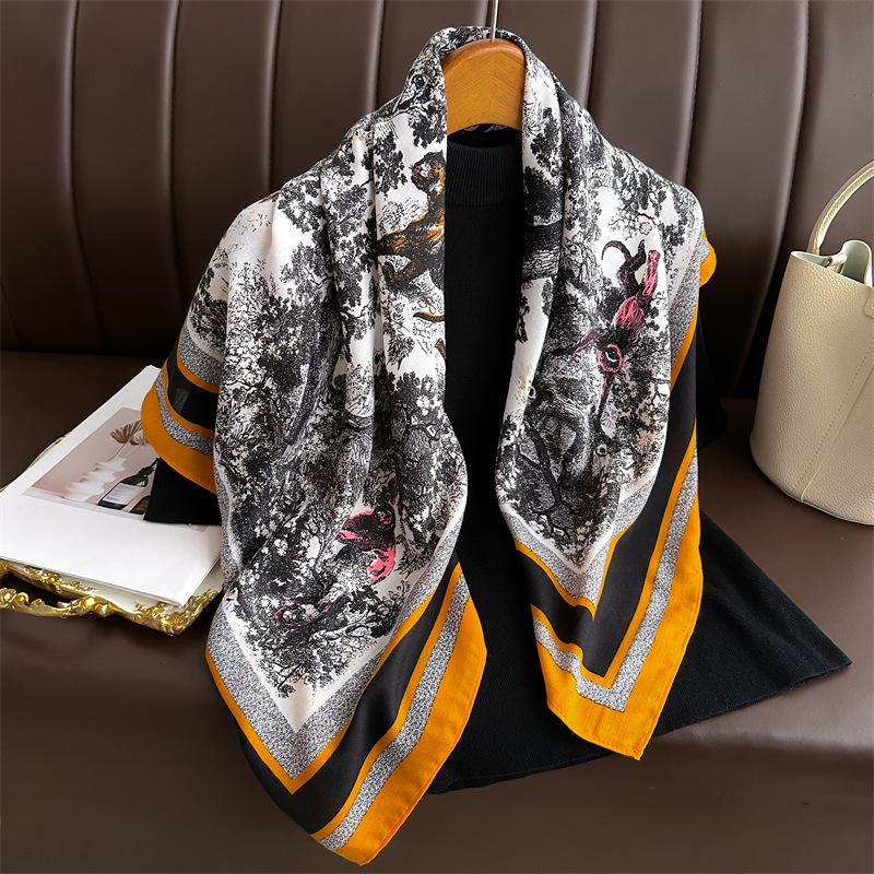 Fashion Aztec Ethnic Leopard Floral Square Silk Scarf Lady High Quality Print Soft Shawls and Wraps Bufanda Muslim Hijab 90*90Cm