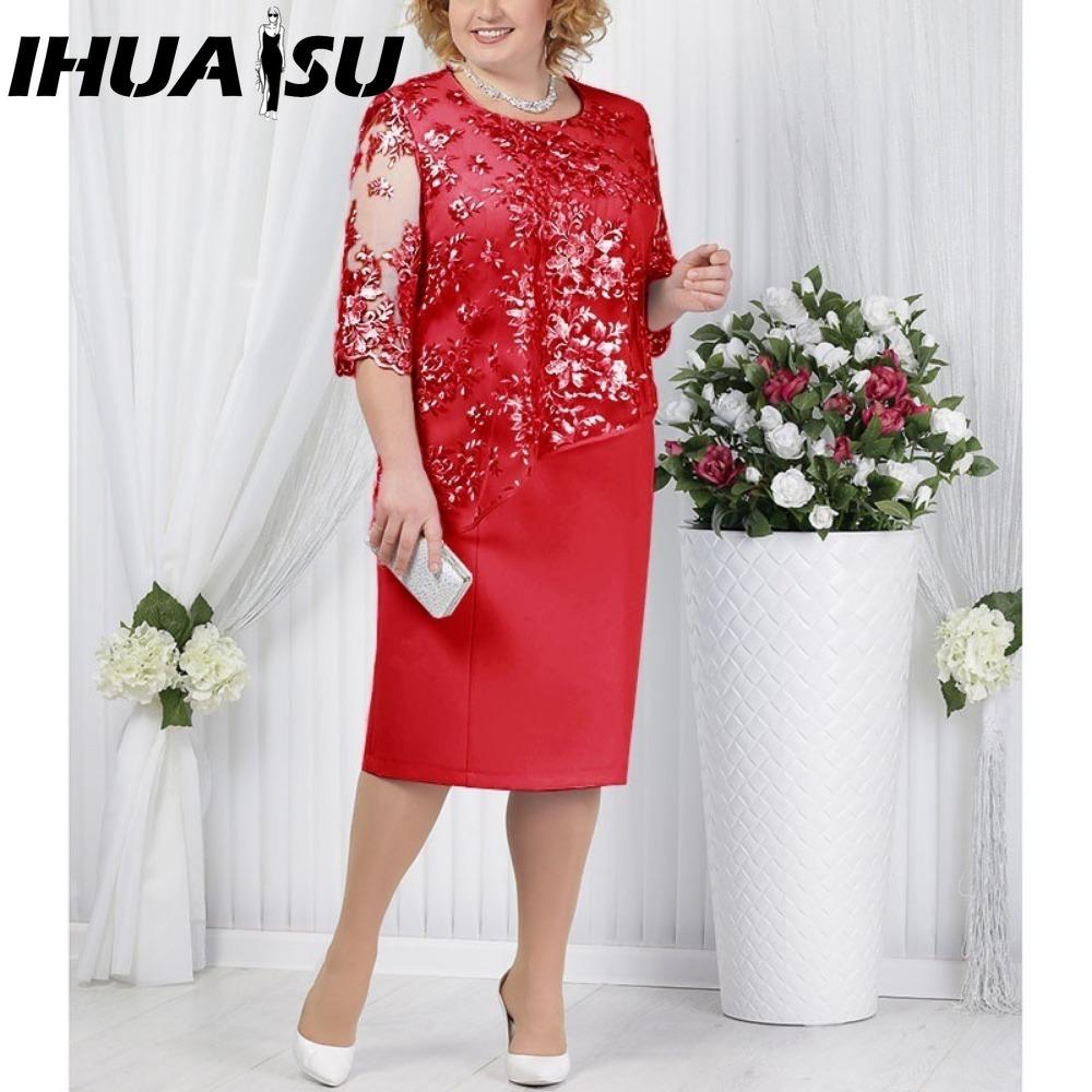 

IHUASU S-5XL Платье для вечеринки длиной до колена с кружевным верхом и аппликацией по подолу XXXL красный