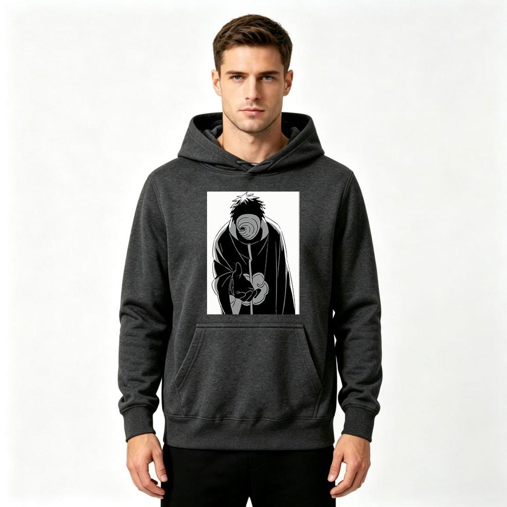 Men Anime Spiral Mask Character Print Pullover Hoodie Casual Long Sleeve Hooded Sweatshirt