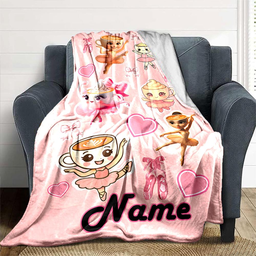 Dancing Cup Characters With Hearts And Ribbons Throw Personalized Blanket Customize Your Name Soft Warm Cozy Great For Sofa Couch Office Bed Picnics