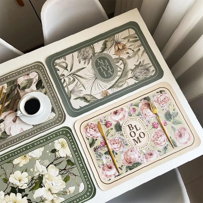 Elegant American Style Floral PU Leather Placemats Heat-Resistant Waterproof Durable Table Mats Dining Room Kitchen