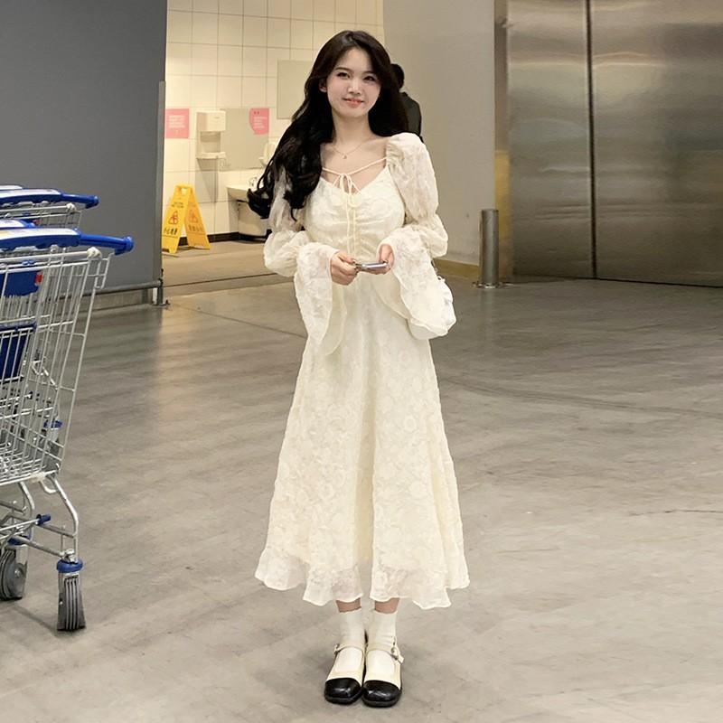 Hepburn Style French Long Dress 2026 Has A Very Fairy Design Waist Slimming Long-sleeved Children