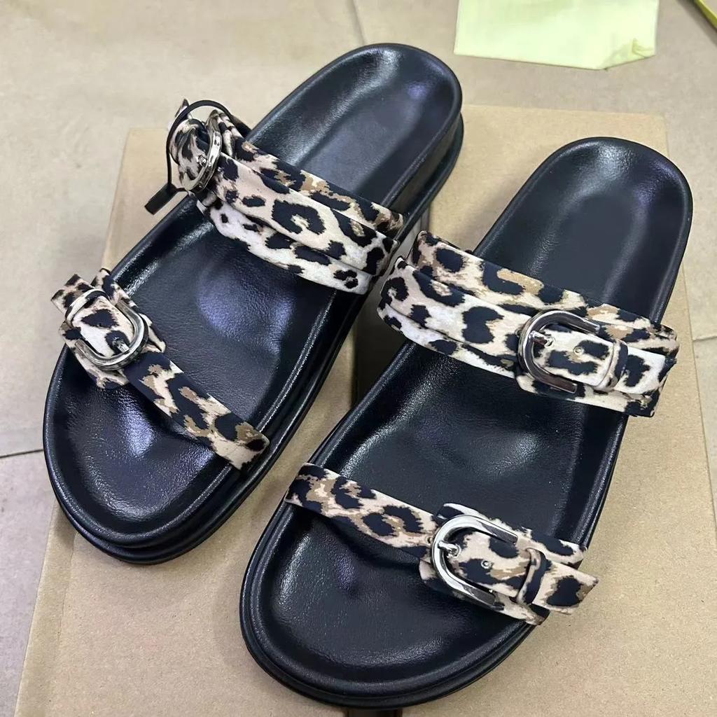 Summer Beach Slippers for Woman Casual Outdoor Black Buckled Strap Female Flat Shoes Soft PU Leather Chic Ladies Slides