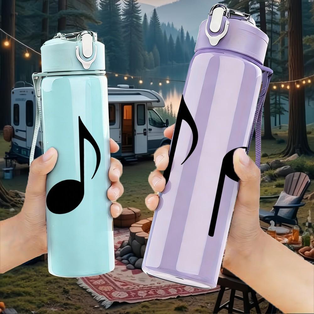 1PC Black Musical Note Minimalist 750ml Color Plastic Sports Water Bottle Leakproof Flip Straw Lid Suitable for Sports Office Home Use