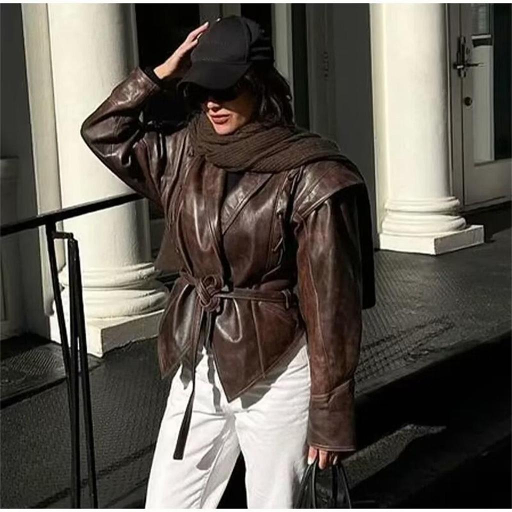 Women's Vintage Jacket Spring Autumn Single Breasted Long Sleeves V-neck Coats Lace-up Female High Street Fashion Coat