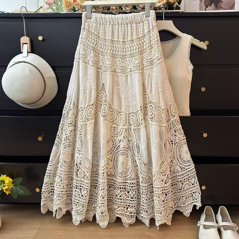 Bohemian Women's Resort Skirt: Korean-Style Embroidery, Crochet Knit, Drawstring Waist, Versatile Large Hem Hemline.