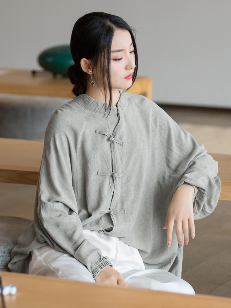 

Свободная рубашка женская летняя из лиоцелла и хлопка, гладкая, мягкая, с длинным рукавом, блузка One Size серый