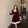 Sweetheart Retro Dress Red Velvet Lace Stitching French Hepburn Style Design Skirt Sweet and Elegant