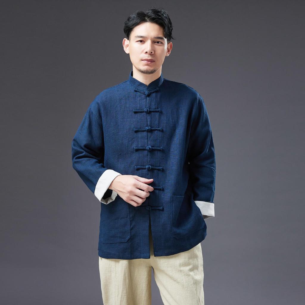 Men's Chinese Style Ramie Jacket Shirt - Casual Loose Fit with Stand Collar and Frog Buttons