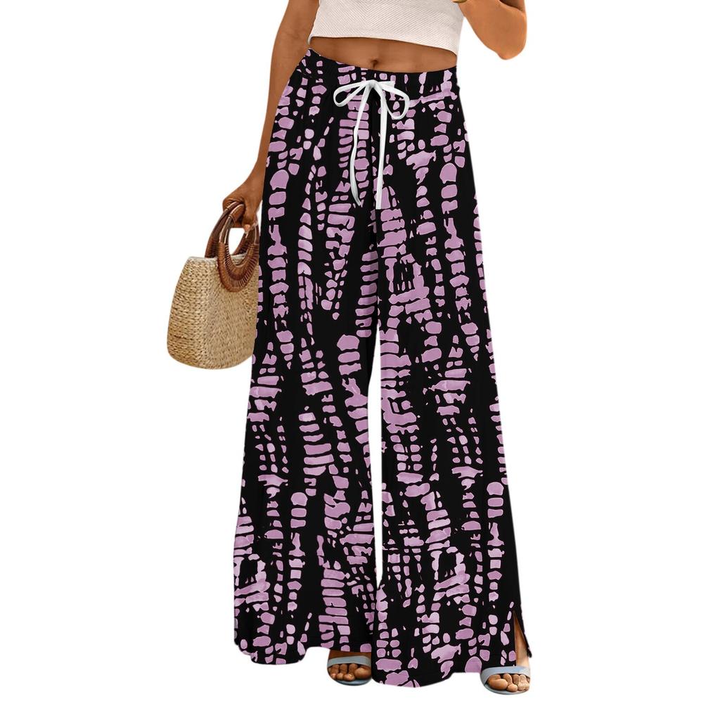 Women's Printed Wide Leg Pants With Pockets High Waist Drawstring Loose Casual Pants