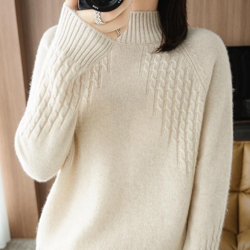 Women's Pure Wool Half-High Neck Sweater, 2026 Autumn/Winter, Slimming, Thickened, Loose, Versatile Knit