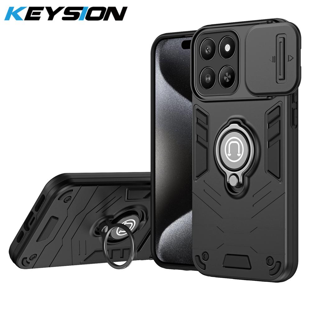 KEYSION Shockproof Armor Case for Huawei Honor 400 Smart 5G Camera Lens Protection Ring Stand Phone Back Cover for Honor X7d 5G