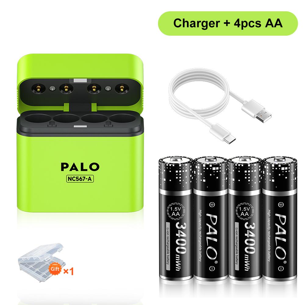 PALO Baterii Reîncărcabile AA 1.5V Litiu 3400mWh 1.5V Li-ion Baterie AA Cutie Încărcător Inteligent cu cablu de date TYPE-C