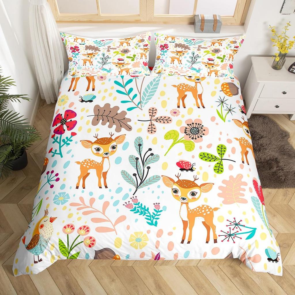 Comforter Cartoon Lion Kids Jungle Botanical Comforter Floral Zoo Animal Bedding Set Woodland Leaves Flowers