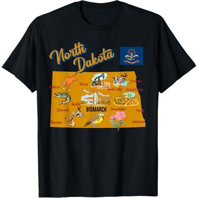 Tourist Map of North Dakota State, Major Cities, Flag, USA T-Shirt