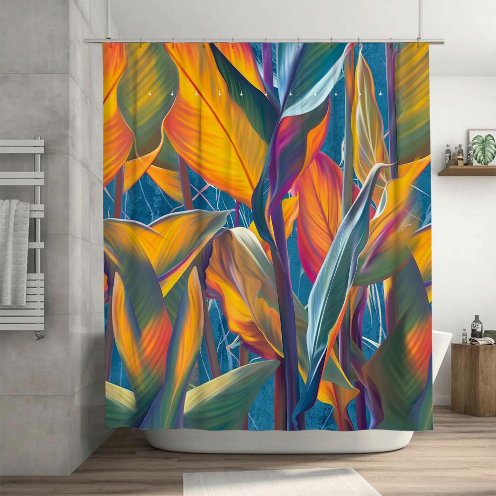 Brightly Colored Shower Curtain with Tropical Leaves Easy Installation Plastic Shower Curtain Rod Set Included for Bathroom Deco